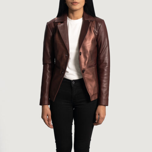 Maroon leather blazers for women jacket