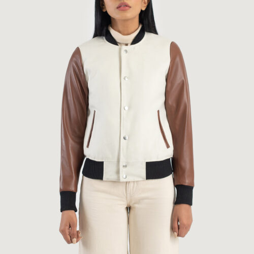 White and brown womens varsity jacket