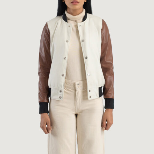 White and brown womens varsity jacket