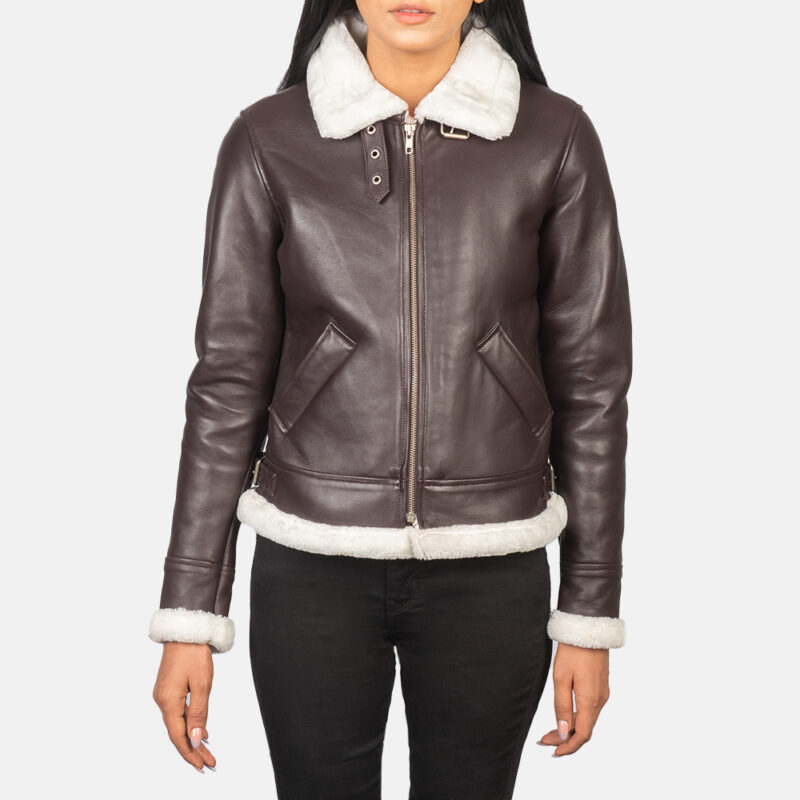 Brown Leather Women Bomber Jacket