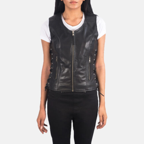 Black Leather Biker Vest for women