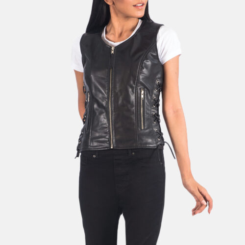 Black Leather Biker Vest for women