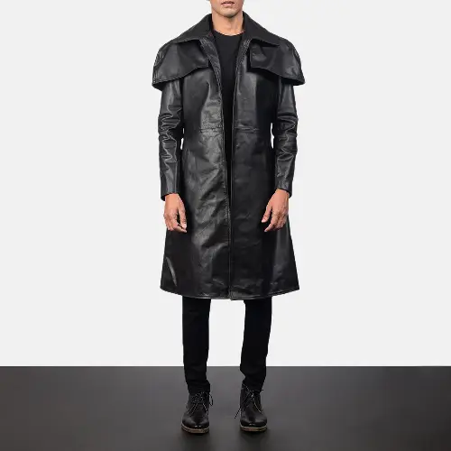 mens winter trench coats Classic Black Leather Duster