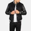 mens wool jackets and Black Striped Hybrid Varsity front