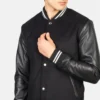 mens wool jackets and Black Striped Hybrid Varsity side