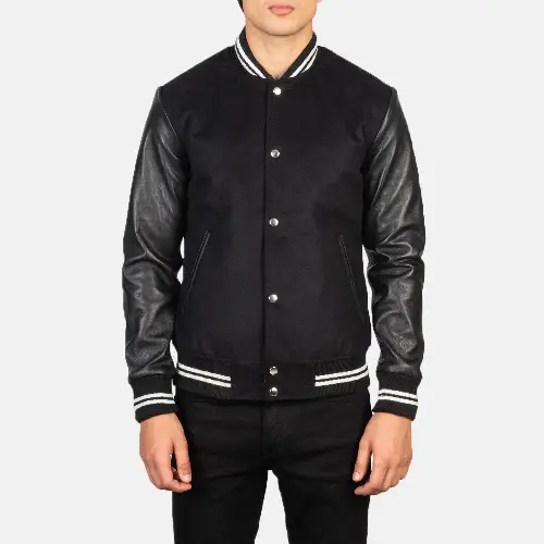 mens wool jackets and Black Striped Hybrid Varsity