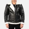 shearling fur coat mens Black & White Leather Bomber Jacket