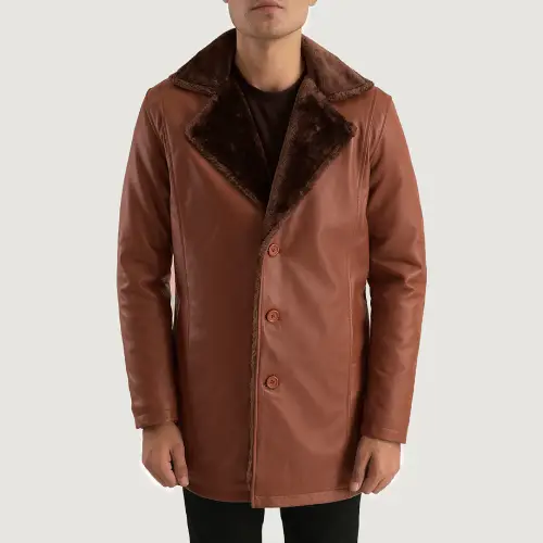 shearling fur coat mens Cinnamon Brown Leather Fur front