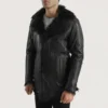 shearling fur coat mens Furcliff Black Leather Coat front