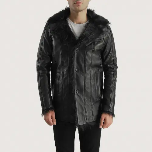 shearling fur coat mens Furcliff Black Leather Coat